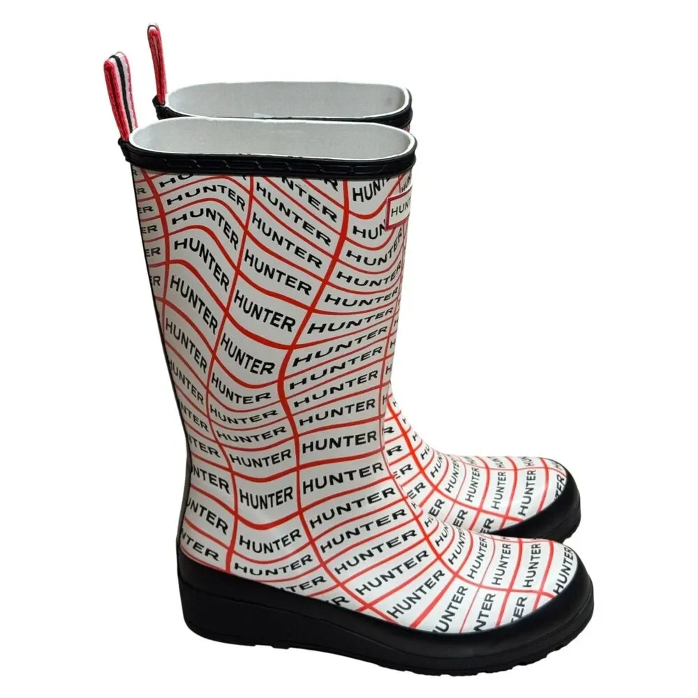 Hunter WFT2065RMA Play Boot Tall Sonic Logo Print Rain Boots White/Red US 6
